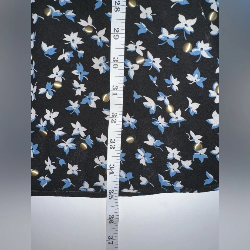 Michael Kors Black Floral V-Neck Dress XL Blue White Gold Detail Short Sleeve